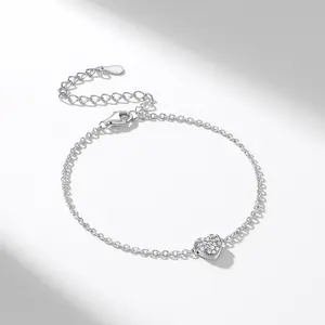 ChicSilver Stackable Dainty Daily Minimalist Simple Casual Sparkling Shiny Cute Heart Shape Pendant 925 Sterling Silver Cubic Zirconia Bracelets for Women