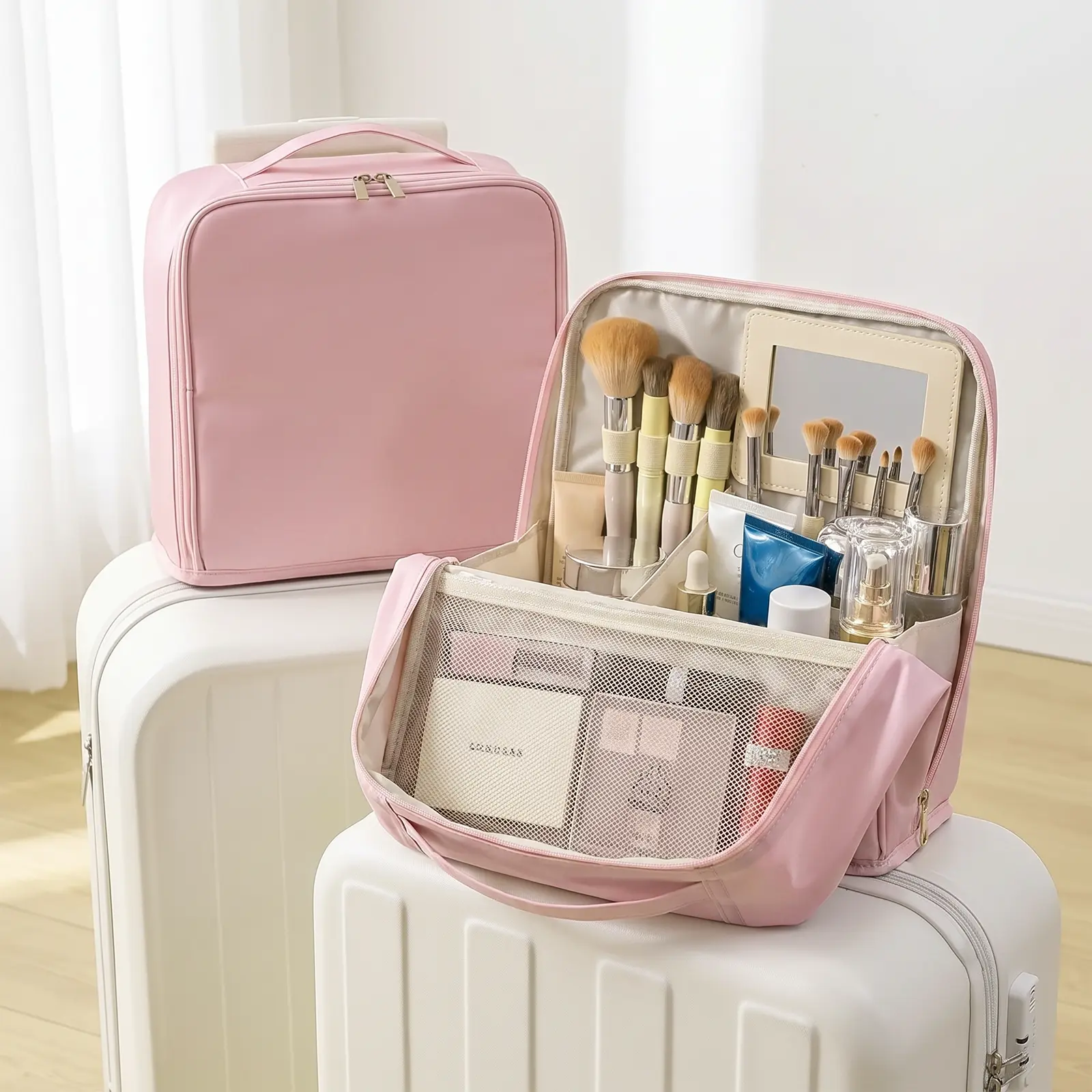 Travel Makeup Bag with Luggage Strap, Minimalist Vanity Organizer Case, Waterproof Cosmetic and Toiletry Organizer pouch large handbag portable organization storage beauty brush bag storage bag zipper gift
