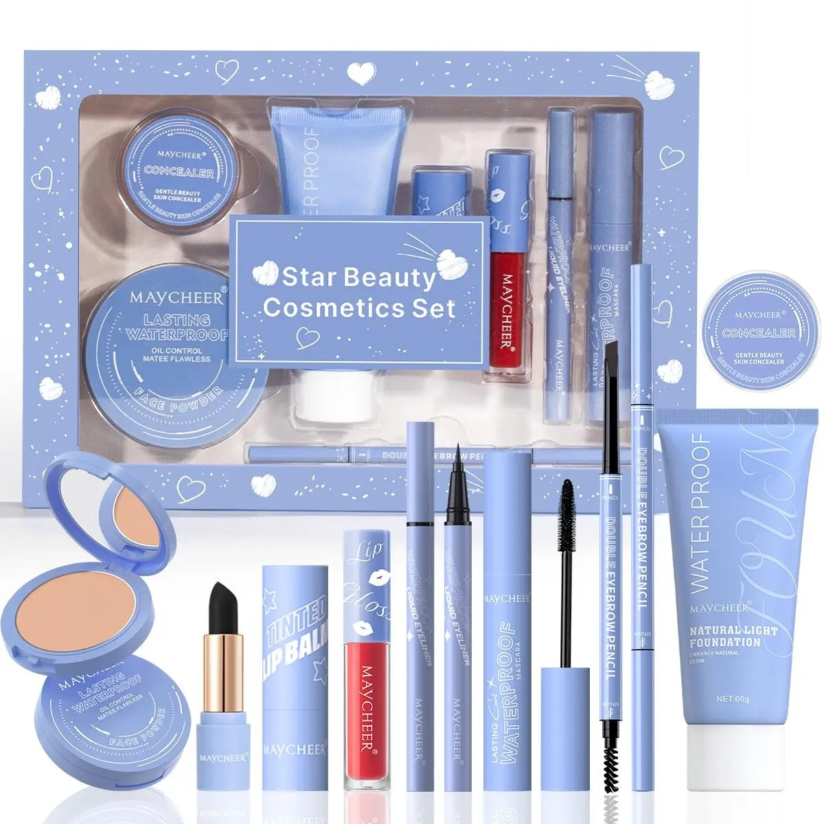 8-piece full-face makeup set, Cosmetic makeup set, including mascara, eyeliner, liquid foundation, compact powder, lip gloss, lipstick, concealer, and double-ended eyebrow pencil, Long-lasting formula, suitable for all skin types