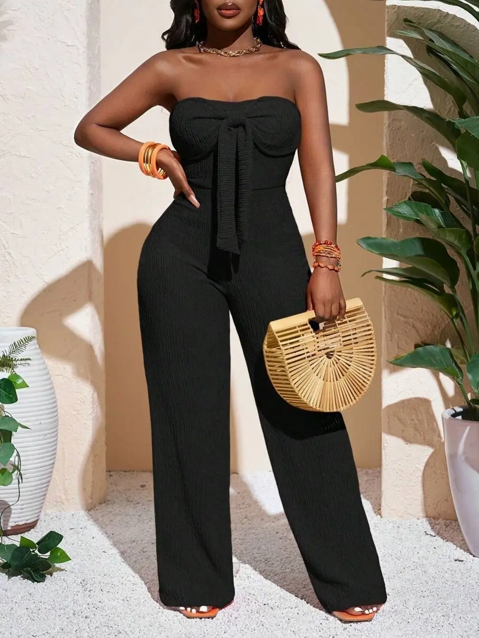 Women's Tube Top Wide Leg Jumpsuit, Elegant Knitted Bow Tie Long Pants, Vacation Outfit