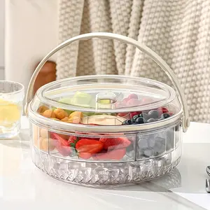 Clear Lidded Divided Chilled Tray, Vegetable and Fruit Serving Platter with Dip Section, Portable Fridge Cooling Storage Basket for Snacks, Sushi, Shrimp, Deli Treats, Outdoor Gatherings, Travel Takeout and Food Delivery