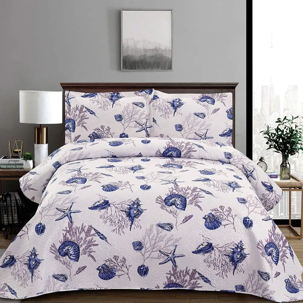 Size Beach Quilt Set - Lightweight Reversible Quilt, Bedspread & Coverlet - Coastal  Bedding - Starfish & Conch Shell  Decor - Blue