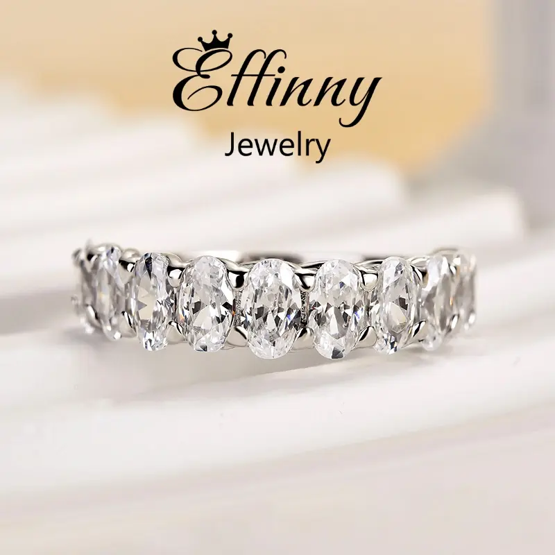 Effinny Jewelry Oval Cut Cut Half Eternity Wedding Ring, S925 Sterling Silver, 5A Cubic Zirconia Stackable Ring for Women, Adults