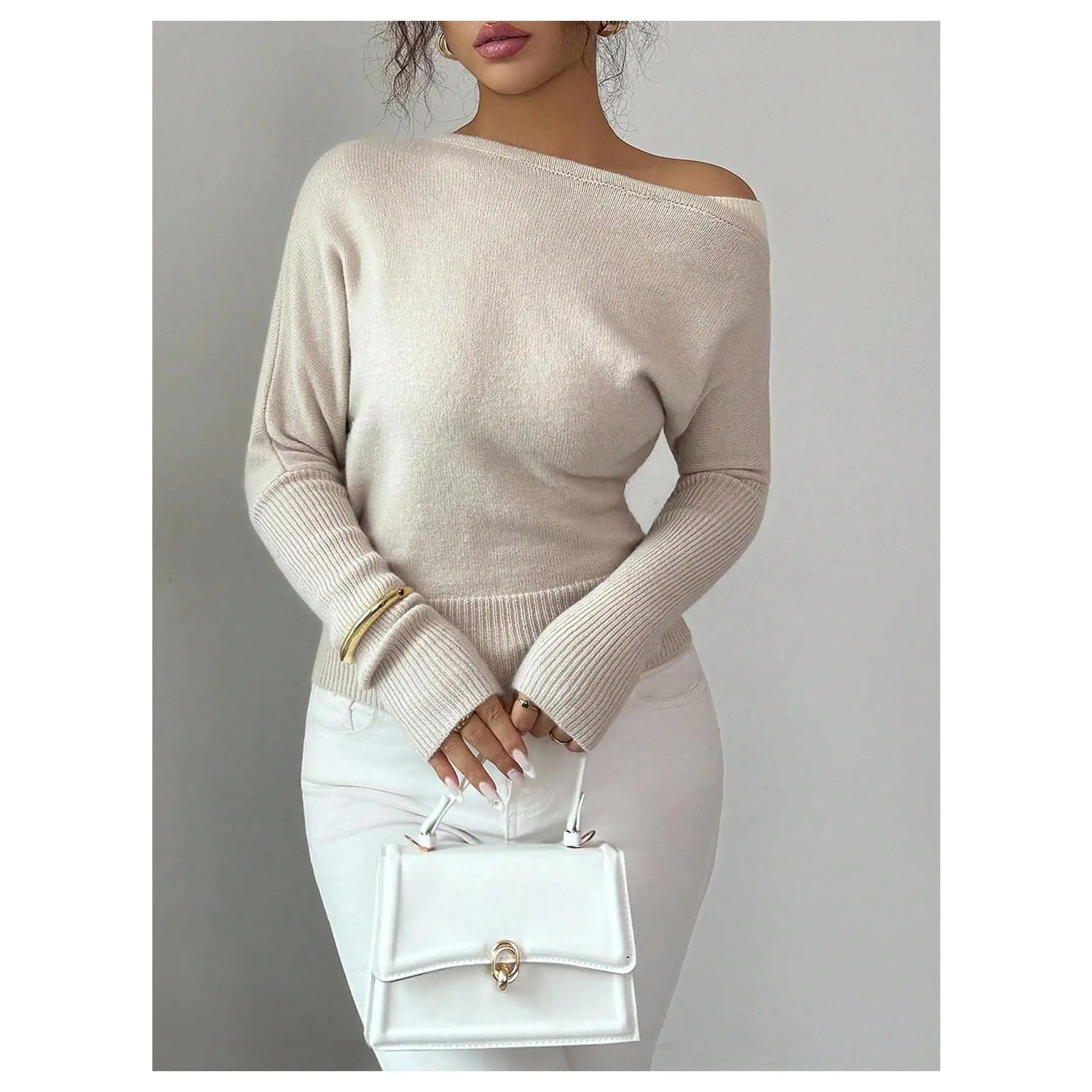Asymmetrical Neck Sweater Long Sleeve Pullover Knit Tops