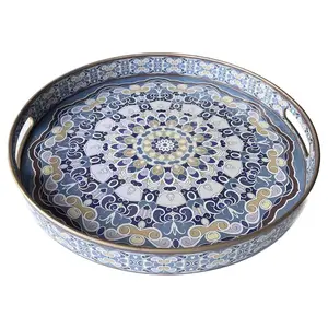 Vintage Style Round Tray, Waterproof Decorative Tray, Multifunctional Storage Tray for Home Kitchen Bathroom