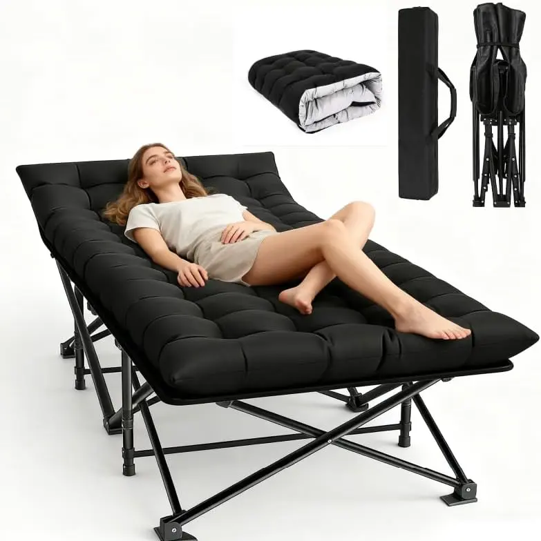 Oversized XXL Heavy-Duty Folding Camping Cot for Adults with Mat & Carry Bag, Portable Outdoor Bed with Spacious Frame for Rest, Ideal for Camping, Road Trips (Black)