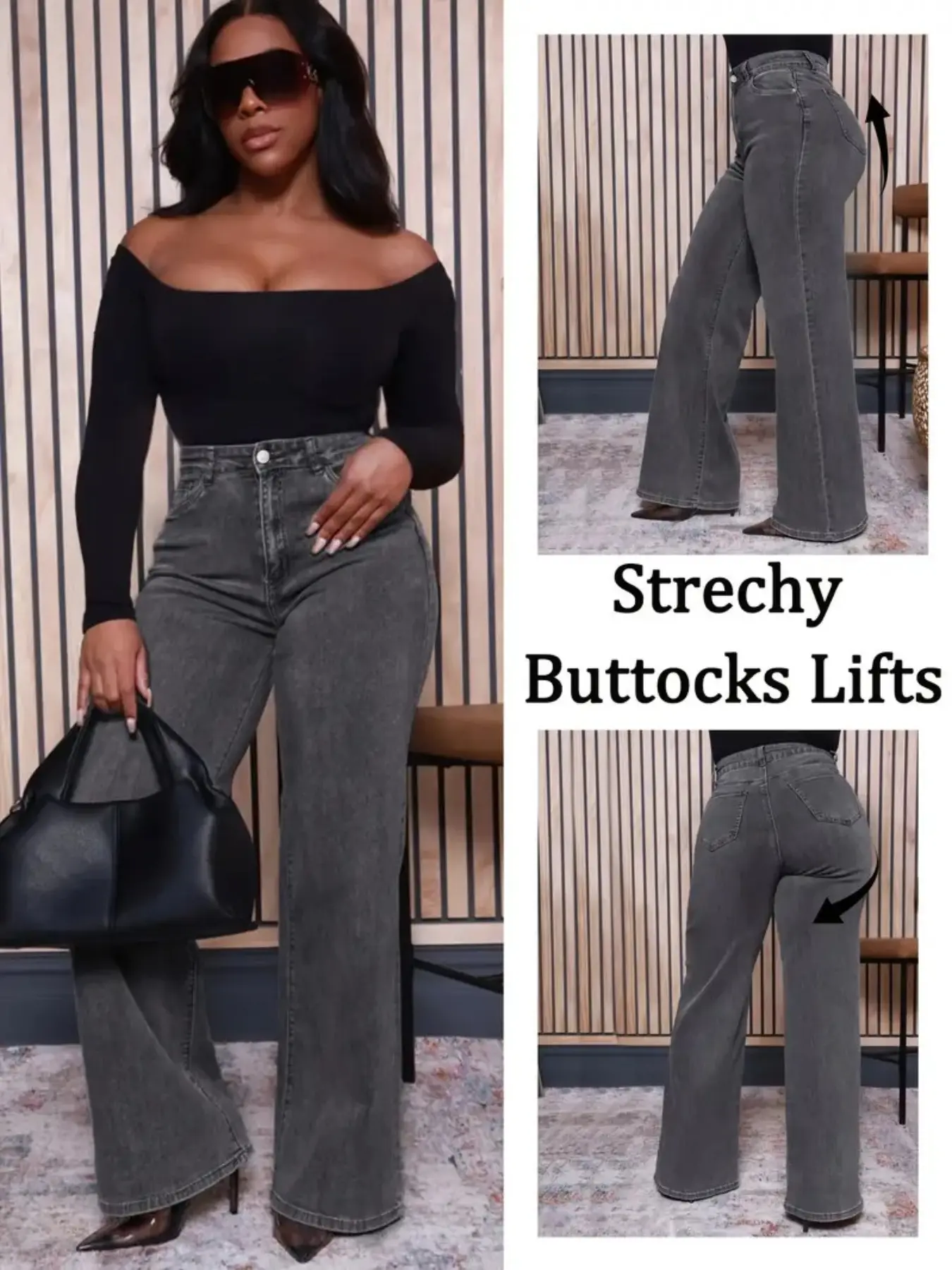 Plus Size Women's Stretchy Washed Casual Loose-Fit Wide-Leg Bottom Jeans Trouser Pants, All-Season Fashion Denim, New Fall Winter Arrival, Womenswear, 1 Piece