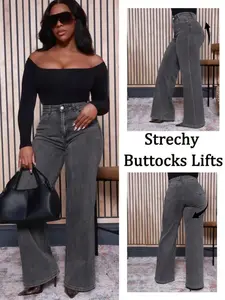 Plus Size Women's Stretchy Washed Casual Loose-Fit Wide-Leg Bottom Jeans Trouser, All-Season Fashion Denim, New Fall Winter Arrival