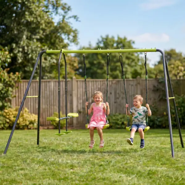 XNS081 Lime Green Safe Plastic Face-to-Face Outdoor Glider Swing Set for Multiple Kids, 440lbs Weight Capacity, No Tee Included, Ages 3+