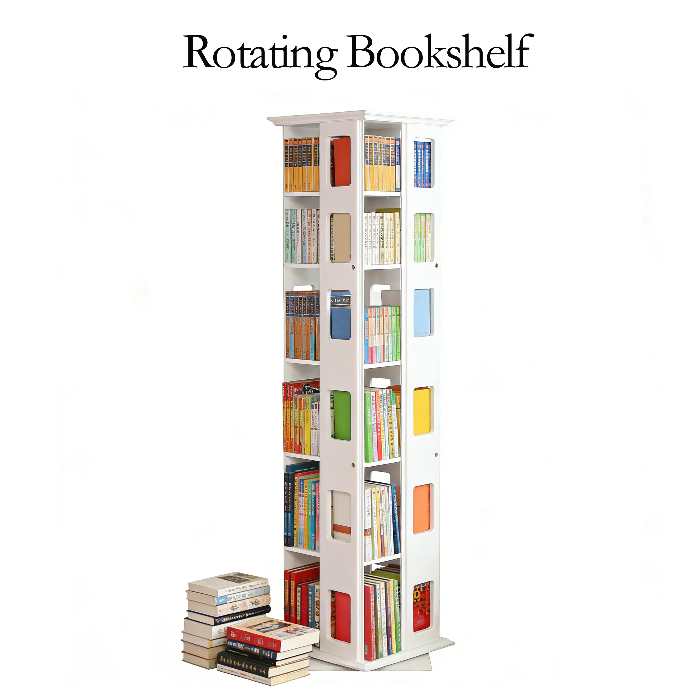 Solid Wood Rotating Bookshelf with Swivel Tray 4/6-Tier Design Square Rotating Bookcase 360-Degree Display Stand Rotating Bookshelf Tray Ideal for Small Spaces, Corners, Bedrooms, Kids' Rooms, Offices White