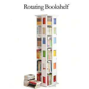 Solid Wood Rotating Bookshelf with Swivel Tray 4/6-Tier Design Square Rotating Bookcase 360-Degree Display Stand Rotating Bookshelf Tray Ideal for Small Spaces, Corners, Bedrooms, Kids' Rooms, Offices White