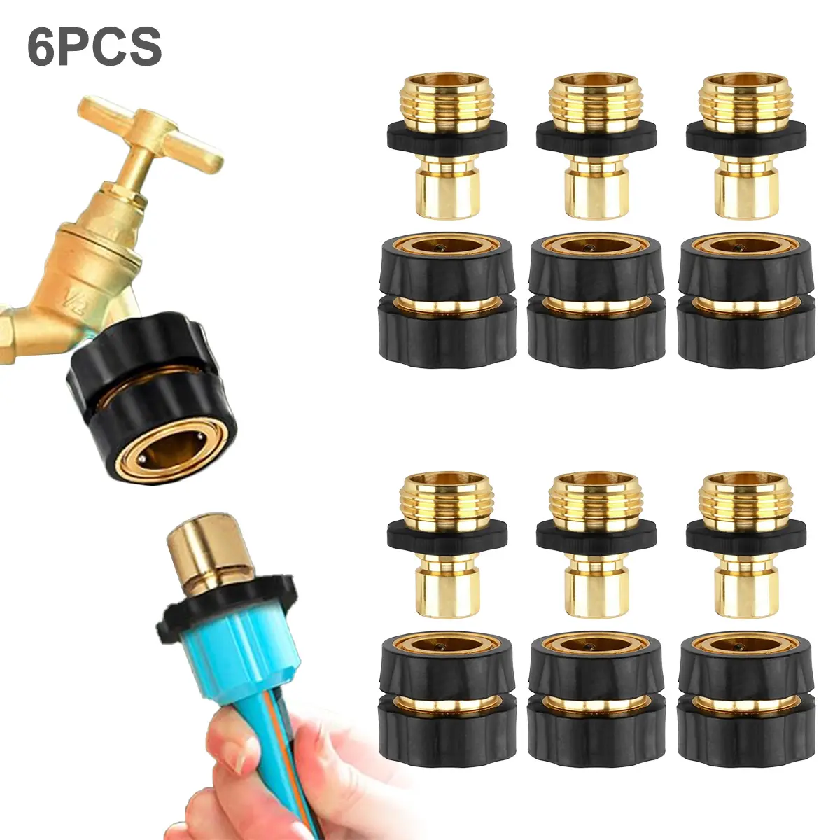 6PCS Metal Water Hose Quick Connect Fittings Kit - 3/4" Male & Female Attachment, Easy Snap-On, Leak-Free Outdoor Adapter for Garden Use, Hose Attachment