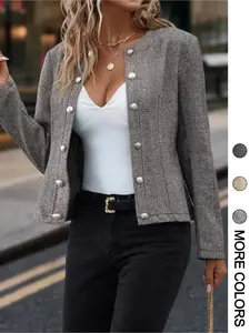 Women's Striped Print Woven Button Front Blazers, Trendy Blazer, Casual Long Sleeve Outerwear for Spring & Fall, Ladies Clothes for Work Office Business