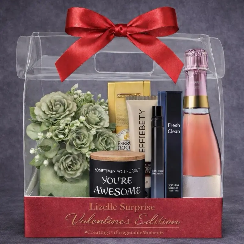 Lizelle Surprise Luxury Gift Box For Him Valentine's Edition Includes Artificial Floral Arrangement Premium Chocolate Treat Hand Cream Scented Candle & Mini Rose