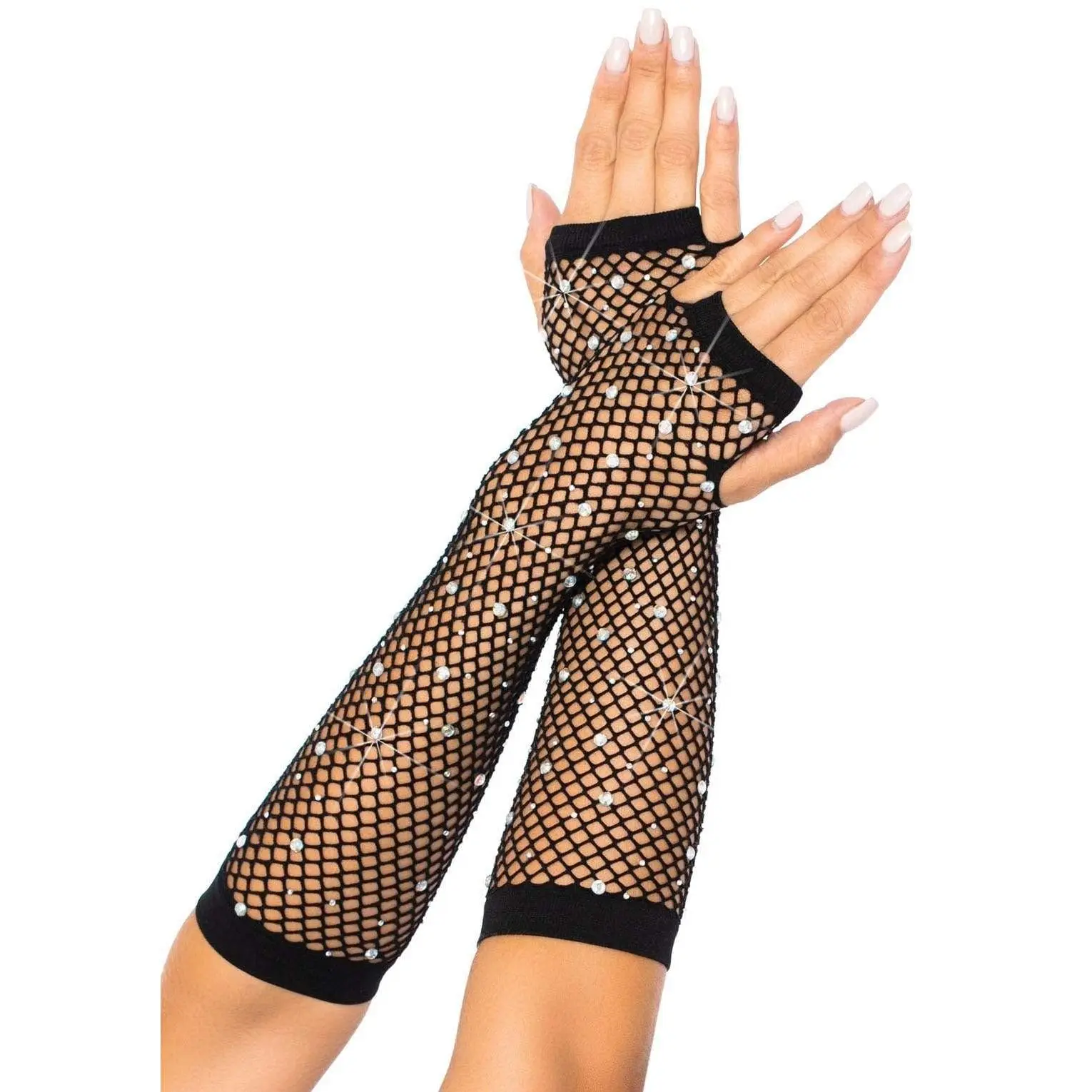 Women's Fishnet Arm Warmers with Sparkling Rhinestones, Elbow-Length Nylon Gloves for 80s Costume & Dance Outfit, Cosplay, Fishnet Weave