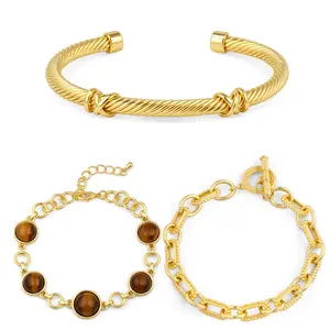 Aprilery Three-Piece Bracelet Set – Classic Cable Knot Cuff, Tiger Eye Round Link Chain, and Textured Toggle Bracelet