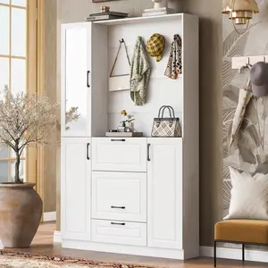 51.1'' Entryway Bench with Integrated Shoe Cabinet, 3-in-1 Design and Mirrored Cabinet Door, Hall Tree with 4 Sturdy Hooks and Foldable Seat for Entrance, Living Room