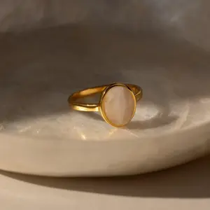 Moonstone Signet Ring by Caitlyn Minimalist - Chunky 18K Gold Plated Oval Crystal Ring - Solitaire Gemstone Ring - Moonstone Jewelry - Gift for Her