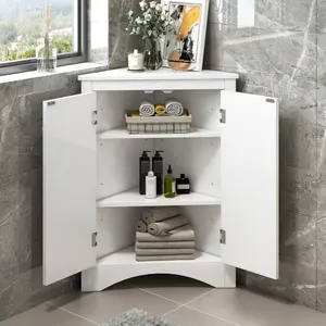 Corner Storage Cabinet with 2 Doors and 2 Tier Adjustable Shelves, Freestanding Floor Bathroom Cabinet Short Corner for Bathroom, Living Room (White)