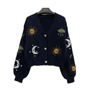 Women's Short Knitted Cardigan Moon and Sun Pattern Front Button Lantern Sleeve for Spring and Autumn Black Casual Comfortable Off The Shoulder Crop Clothes Knitwear Womenswear Tops Knitting Gamis Fitted Vneck