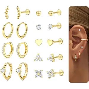YADOCA 14K Plated Gold Threadless Flat Back Earrings 16G 18G Cartilage Earring Set Stainless Steel Helix Earrings for Women Flatback Stud 9Pcs Hoop Cartilage Earring Set for Multiple Piercing