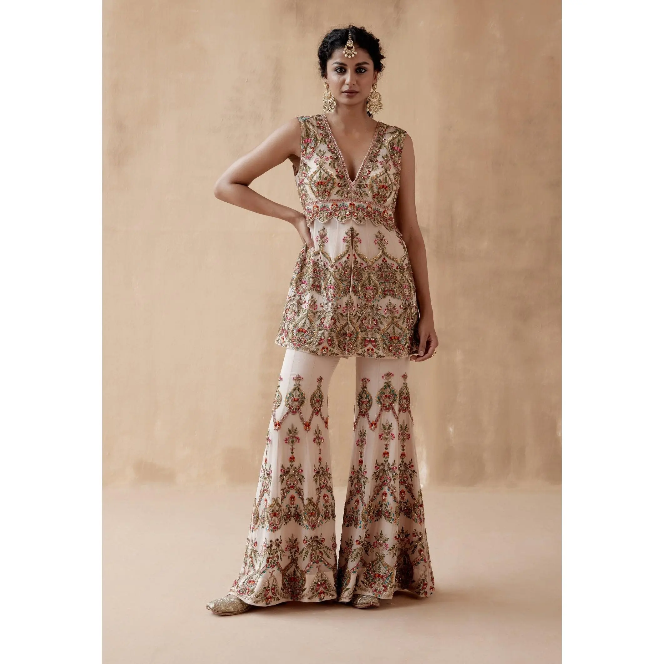 Beige floral thread kurta and sharara