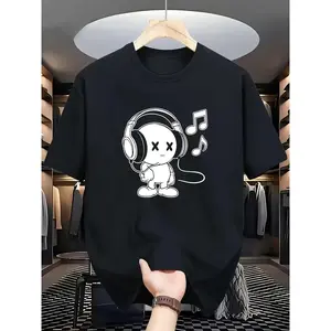 Comfortable] Men's Casual Fashion Black T-Shirt with White Robotic Headphones and Music Notes Print, Polyester, Machine Washable, Round Neck - Ideal for Summer