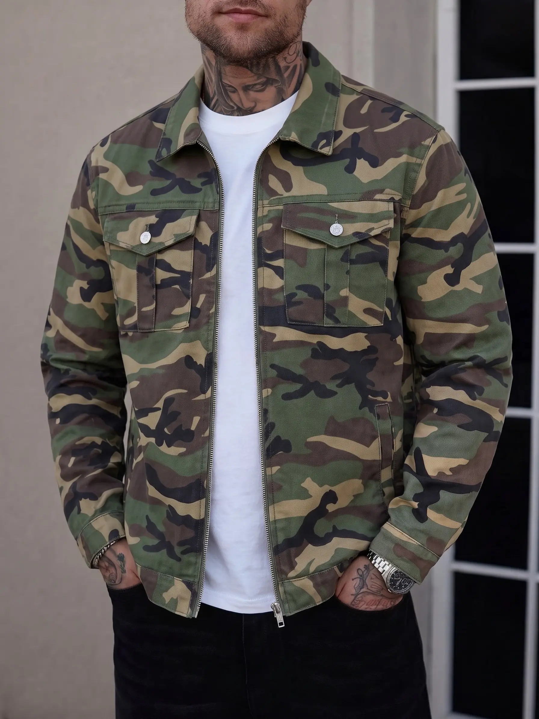 Men's Vintage Natural Basic Forest Camo Denim Trucker Jean Jacket Coat - Rigid Smooth Cotton Blend Twill Workwear, Zip-Up Military Utility Shacket with Button-Flap Pockets, Fitted Regular Cut Fall Casual Outdoor Menswear, Durable Fabric, Sturdy Zipper