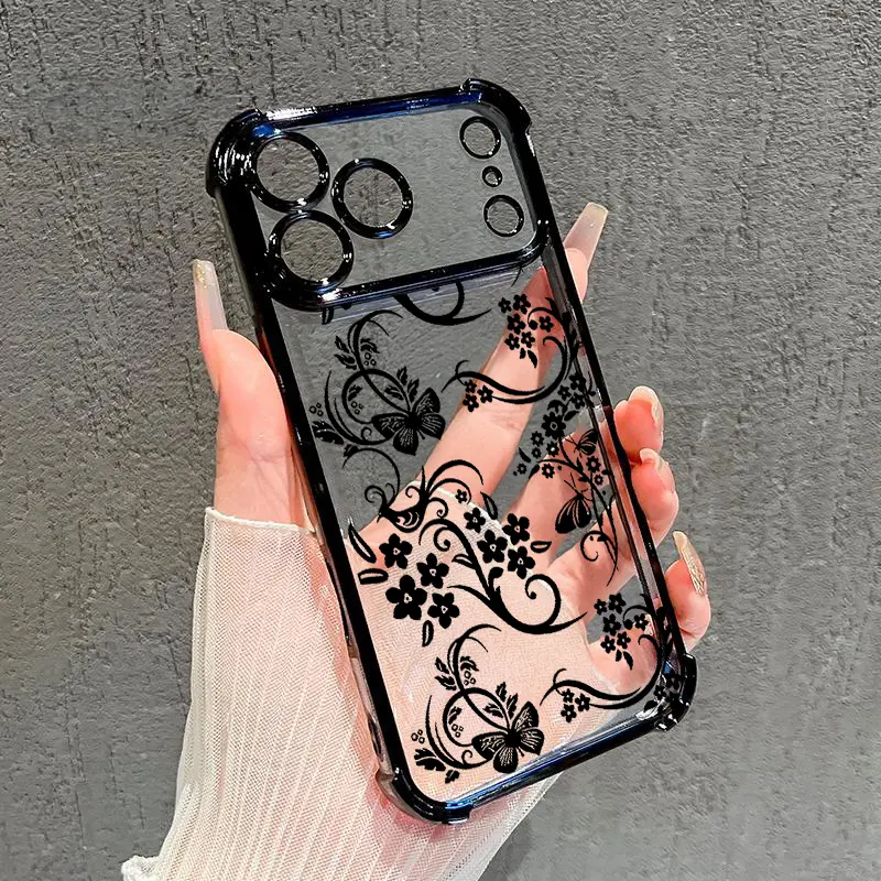 Elegant Floral Vines Pattern Phone Case , Electroplated Cover with Airbag Shockproof Soft TPU Cover for iPhone X 11 12 13 14 15 16 17 Pro Max Plus Air