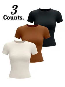 Women's Slim Fit Round Neck Short Sleeve Top, Sporty Tennis Running Hiking Outdoor Sports Shirt, Gym High Intensity Yoga Inner Layer, Athletic Top, Running Shirts, Workout Activewear, Sports Clothing