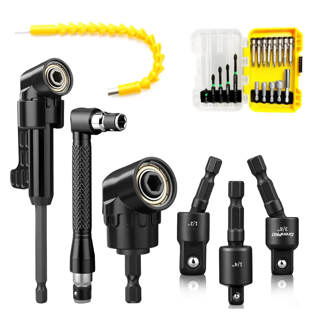 25 Pcs Flexible Drill Bit Extension Kit, Includes 3 Pcs 105° Right Angle Drill Attachment, 3 Pcs Rotatable Socket Adapter, 18 Pcs Screwdriver Bits & Bendable Extension for Tight Spaces