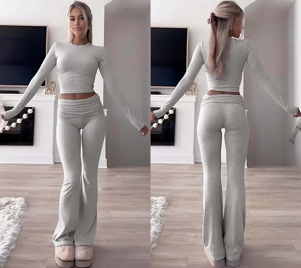 Women's 2-Piece Athleisure Set - Casual Athletic Wear, Adjustable Tracksuit with Short Sleeve Crop Top, High Waist Foldover Flared Sweatpants, High Stretch for Running & Workout Moves, Activewear Running Outfits