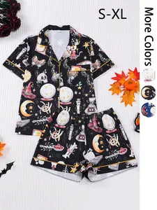 2 pieces of women's Halloween witch hat skull crystal ball butterfly print short sleeved shorts comfortable lapel pajama set knitted top pocket elastic waistband suitable for all seasons casual classic home wear