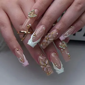 24pcs Long Square 3D Gel Nail Tips with Pearl Design, Press-On Nails, Flower & French Styles, Nail Art, Perfect for Women, Summer Nails Set