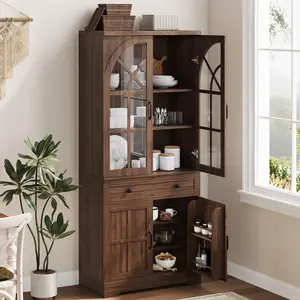 Farmhouse Pantry Cabinet, 71.9" Tall Freestanding Kitchen Cabinet with Tempered Glass Doors& Anti-Tip Design for Kitchen, Dining Room & Living Room