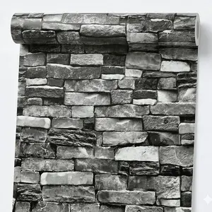 Grey Stone Peel and Stick Wallpaper  Faux Brick Contact Paper for Fireplace Living Room 3D Textured Self Adhesive Waterproof Vinyl Wall Covering Rustic Farmhouse
