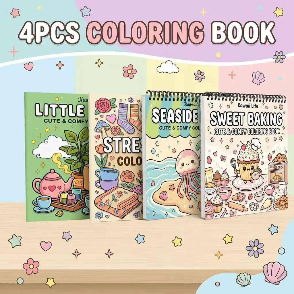 Kawaii Coloring Book Set, Illustrated Activity Book - 4pcs Little Corner, Seaside Days & Sweet Baking Themes, for Stress Relief - Opaque Paper, Beginner-Friendly Vibrant Illustrations for Teens, Adults & Elderly - Gift for Birthdays & Holidays
