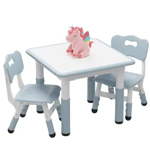 Adjustable Height Kids Table and 2 Chairs Set - Easy-Clean Graffiti Desktop - Non-Slip Legs - Multi-Activity Use for Playroom, Nursery, or Study area - Ages 2-10 - Beige