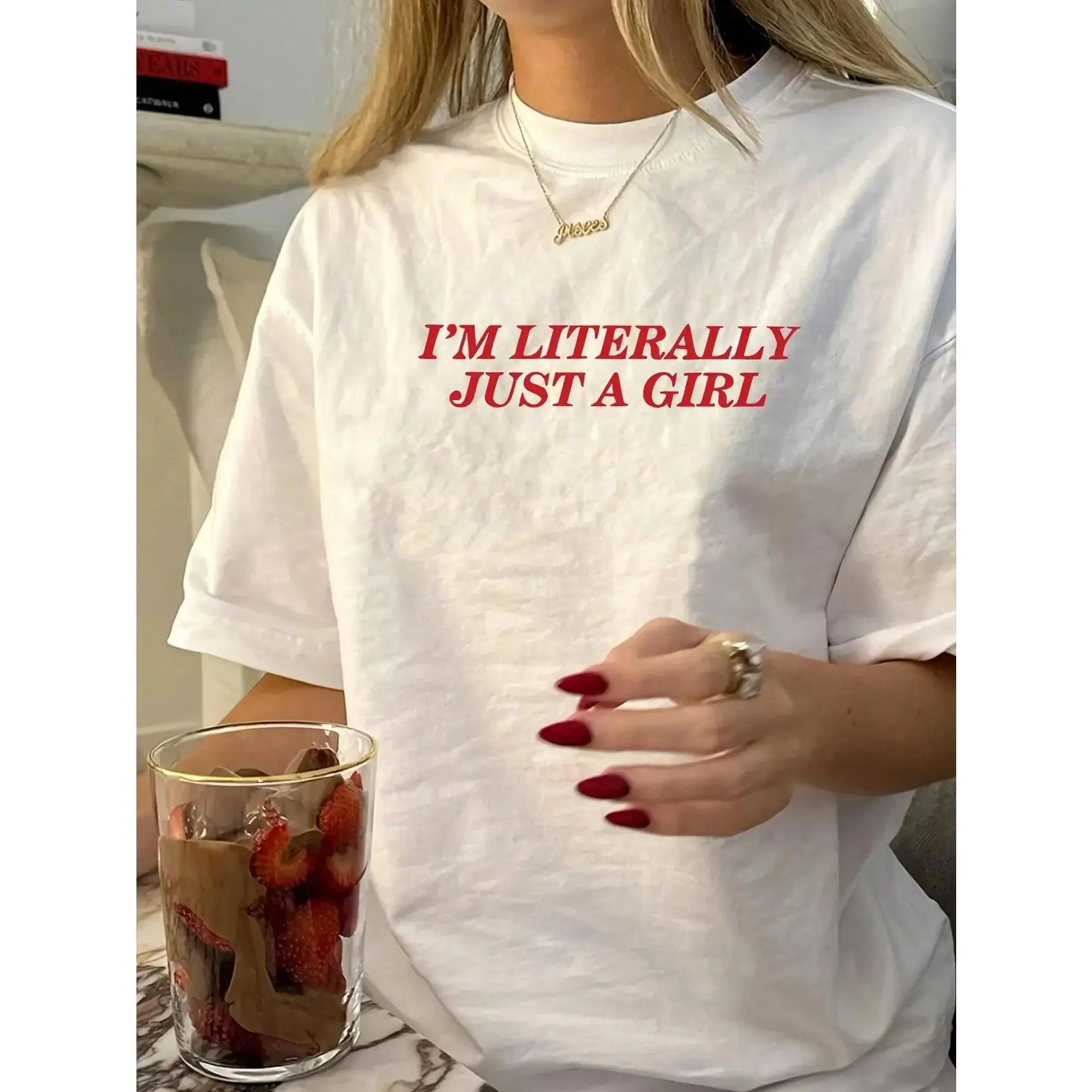 Women's Oversized Graphic T-Shirt, Comfortable Retro Tee with Dropped-Shoulder and Red Letter Print for Casual Wear, Party, Lady, Fit, Tshirt, Funny, Drop Shoulder, Graphic Print, Oversized Boxed, Round Neck, Short Sleeves, Soft Fabric sohochic