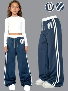 Girls' Trendy Retro Wide-Leg Trackpants, Double Stripe Drawstring Design, Y2K Sporty Style for All Seasons