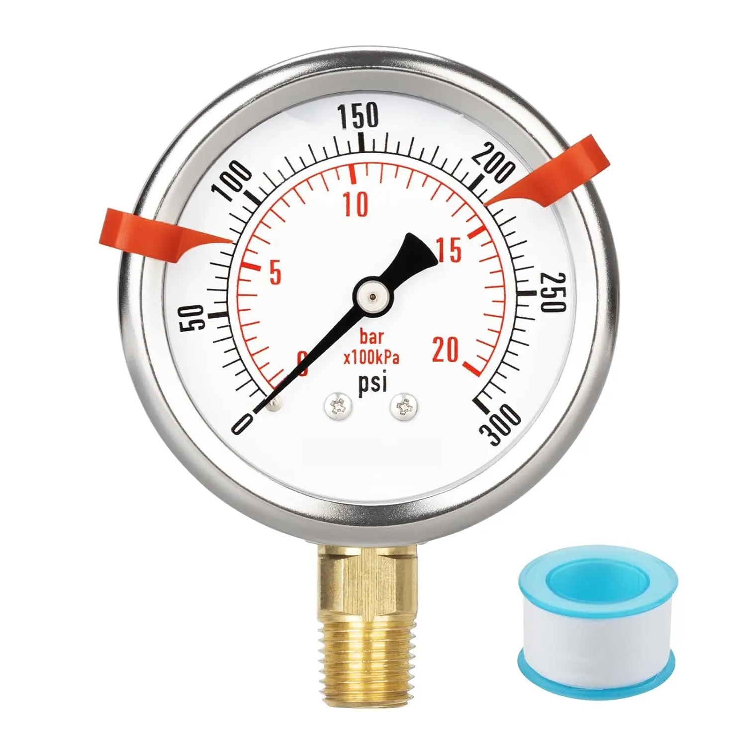2.5 Inch Dial Glycerin Liquid-Filled Pressure Gauge, 0-300 Psi/0-20 Bar Dual Scale, 1/4" NPT Lower Mount, Stainless Steel Case, Brass Components for Regulator, HVAC Systems, Automotive Repair Tools with IP67 Rating