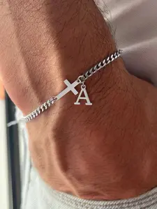 Men's Cross Initial Letter Bracelet, Classic Silver Color Stainless Steel Cuban Chain, Casual Style, All Seasons, Letter Link Bracelet