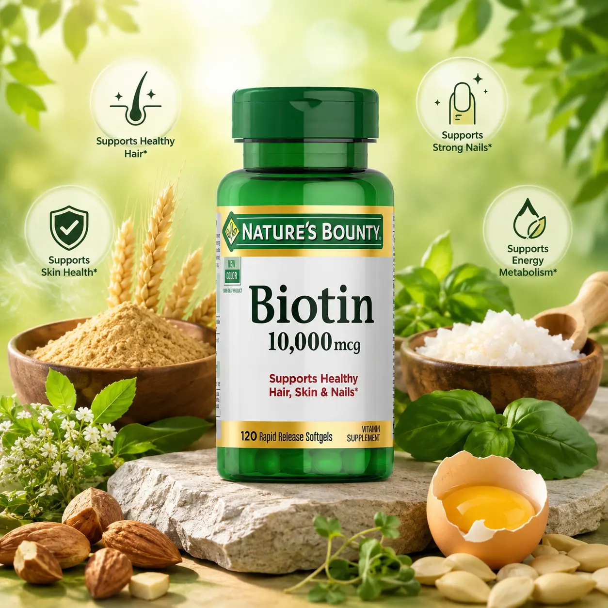 Nature's Bounty Natural Biotin 10,000 mcg Rapid-Release Softgel Capsules - Vegetarian, Non-Toxic Single Bottle Supplement for Hair Skin Nails, Body Health (120 ct)
