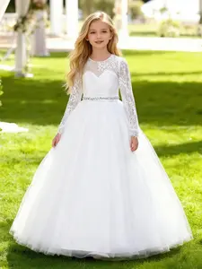 Girl's Contrast Lace Rhinestone Decor Fit & Flare Dress, Elegant Long Sleeve Round Neck Tulle Dress for Party Performance, Kids Clothes for All Seasons Quinceanera Dress