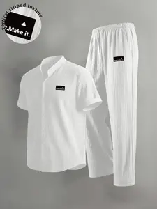 2-Piece Ribbed Texture Men's Sleepwear, Pajama & Loungewear Set | Lightweight Skin-Friendly Mandarin Collar Shirt with Logo Patch & Elastic Waist Pants | Versatile Outfit for Sleeping, Lounging, and Casual At-Home Days
