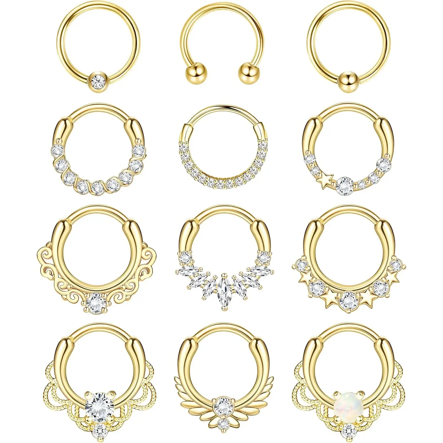 Milacolato 12pcs 16g Lead-Free Stainless Steel CZ Body Jewelry - Hinged Nose Rings Hoops, Septum Clicker Ring, Daith Helix Tragus Cartilage Earrings for Daily, Casual Wear, Septum Pierced Ring
