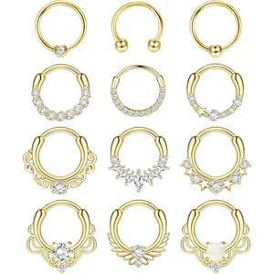 Milacolato 12pcs 16g Lead-Free Stainless Steel CZ Body Jewelry - Hinged Hoop Nose Rings Hoops, Septum Pierced Ring Clicker, Daith Helix Tragus Cartilage Earrings for Daily Wear, Casual Use summerwins