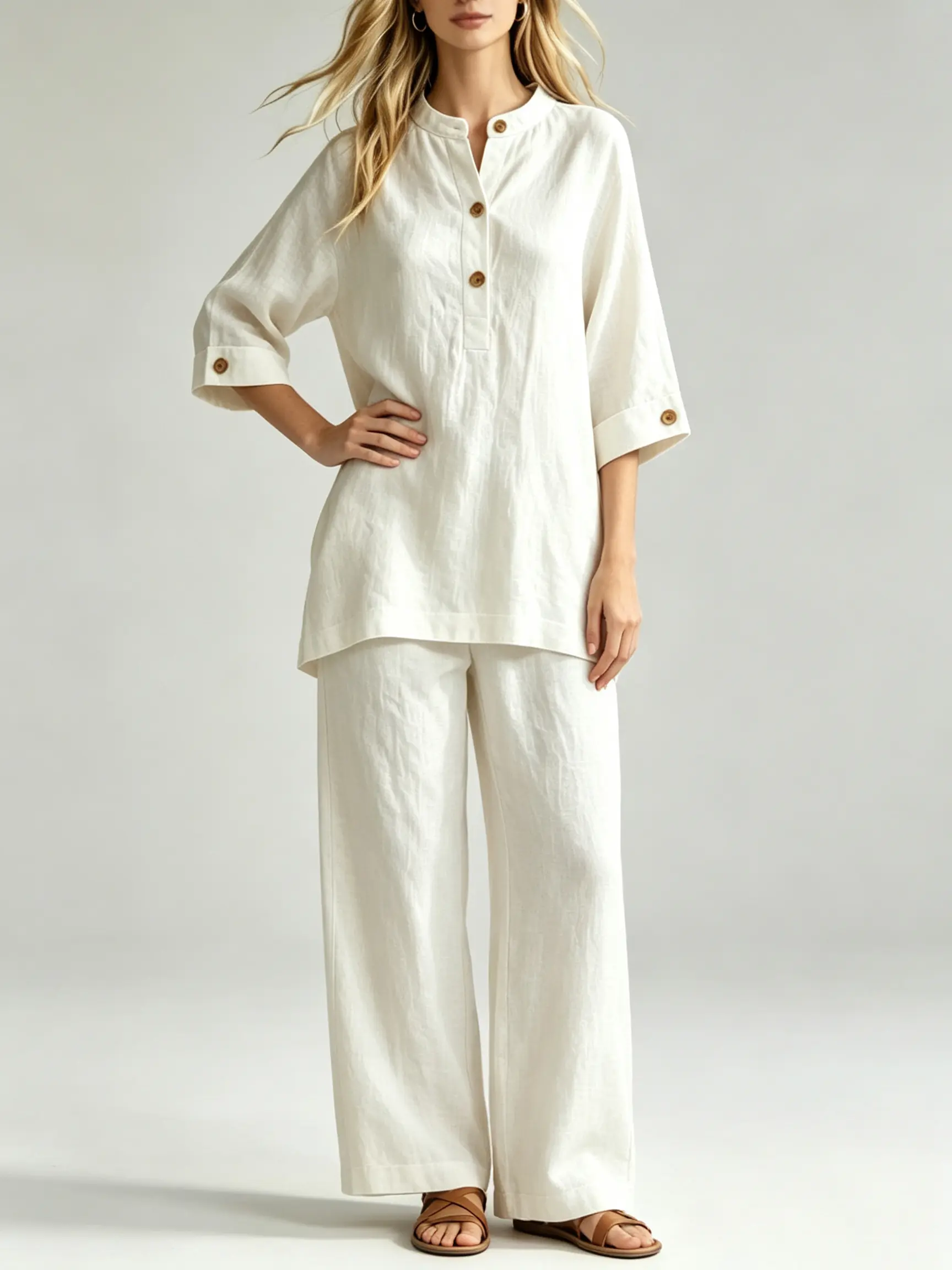 Womens 2 Piece Outfit Summer Henley Shirt and Wide Leg Pants Set Elegant Casual Vacation Co-ord Lightweight Polyester Slouchy Loungewear 2026 Fall Fashion Minimalist Old Money Aesthetic Effortless Travel Suit Matching Workwear