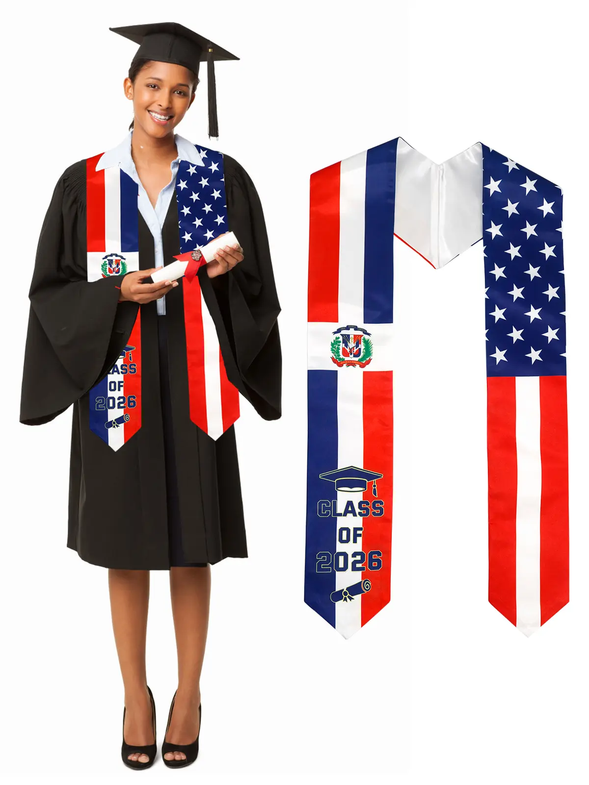 GraduationMall US / Dominican Country Flag Graduation Stole Print Sash for Study Abroad International Students Class of 2026 Silky Satin Cape Shawl Set