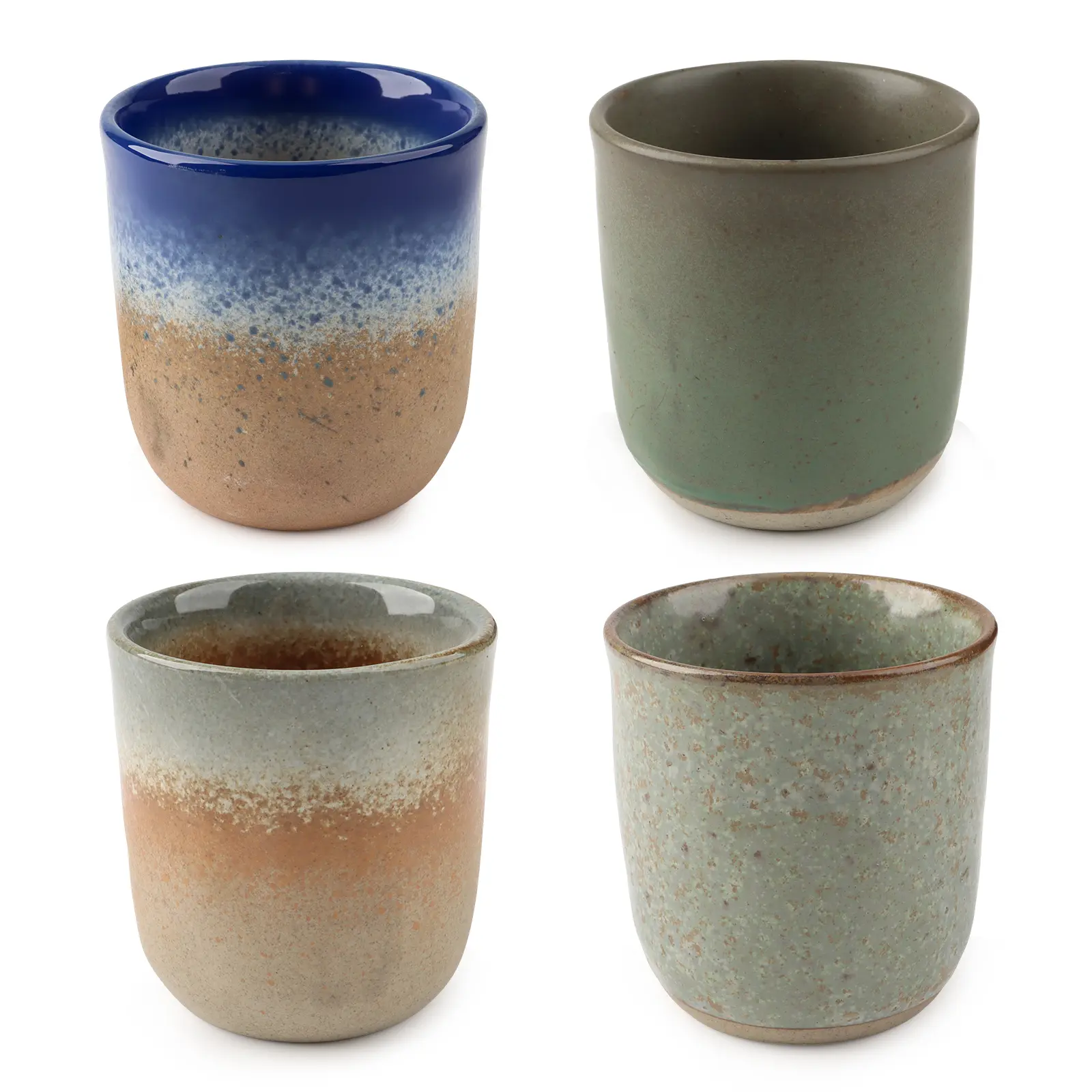 Traditional Handmade Matte Aesthetic Straight-Sided Japanese-Style Ceramic Mug & 4-Piece 200ml Stoneware Tea Set - Blue Ice, Red Coral, Mineral, Light Moss Flowing Glaze Colors - Microwave, Dishwasher Safe for Home, Office